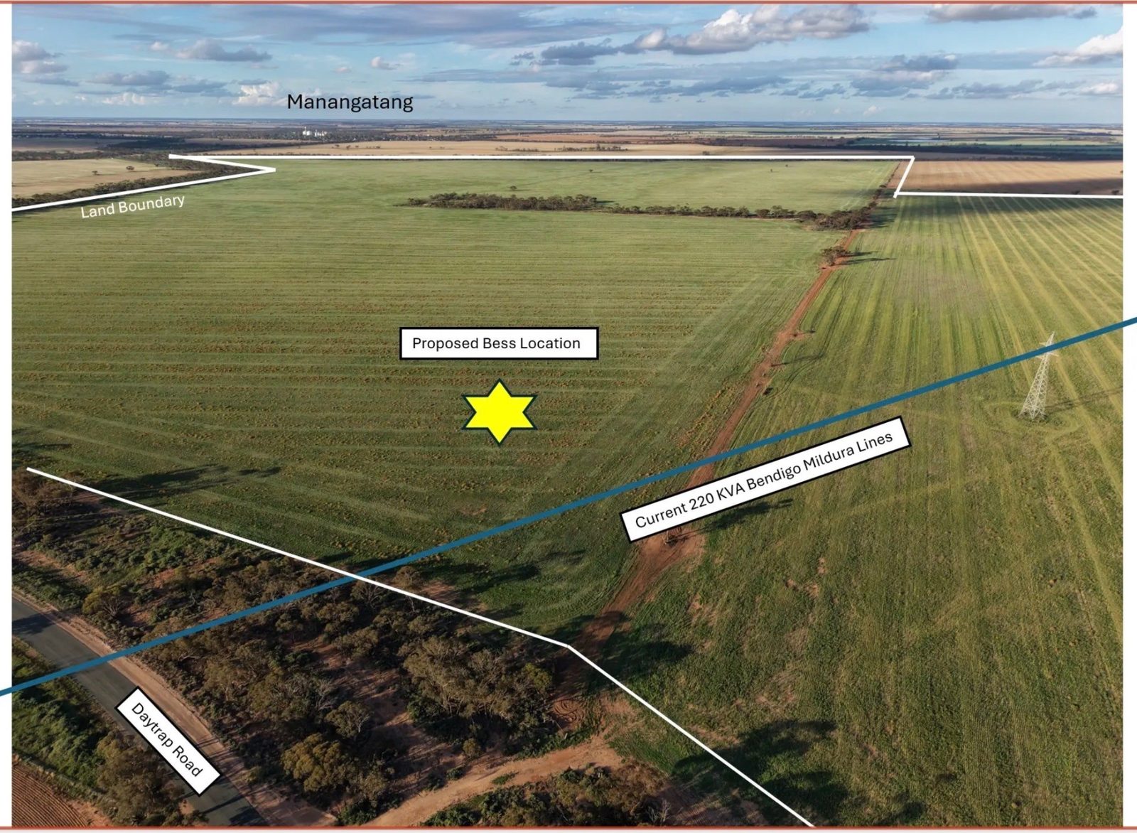 Annotated aerial mapping showing the proposed BESS location, site boundary and the 220 kV Bendigo–Mildura line